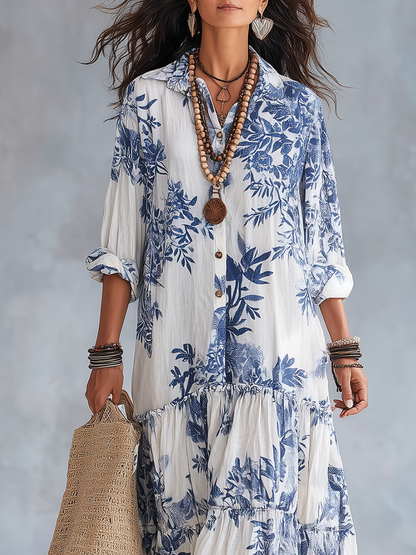 Robe maxi bohème chic bleue à fleurs avec détails boutonnés