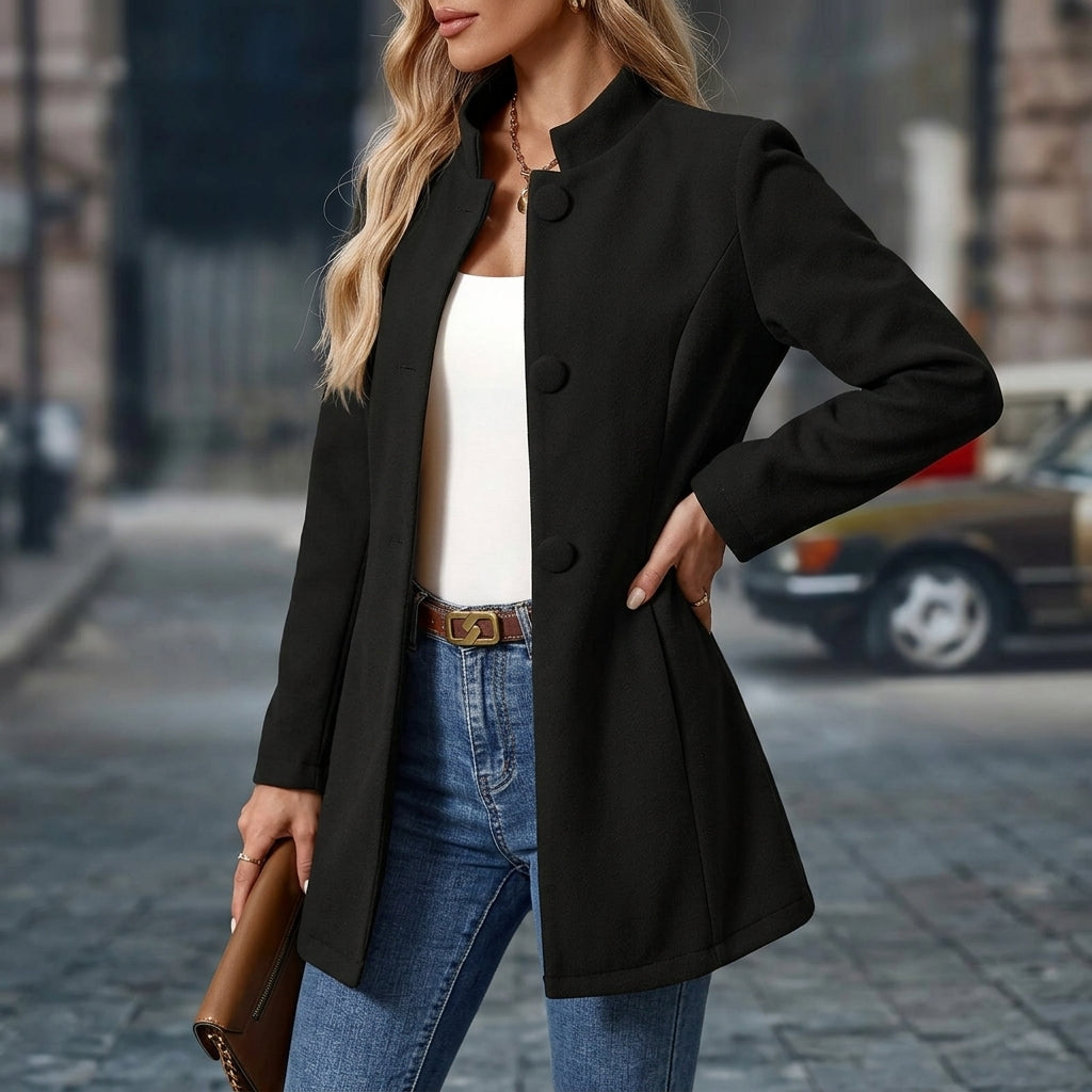 Women's Wool Blend Stand Collar Blazer Short Button Front – Elara