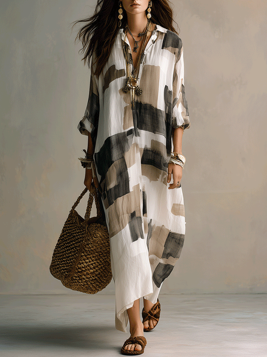 Vestido maxi de ajuste relajado con estampado abstracto bohemio y botones al frente