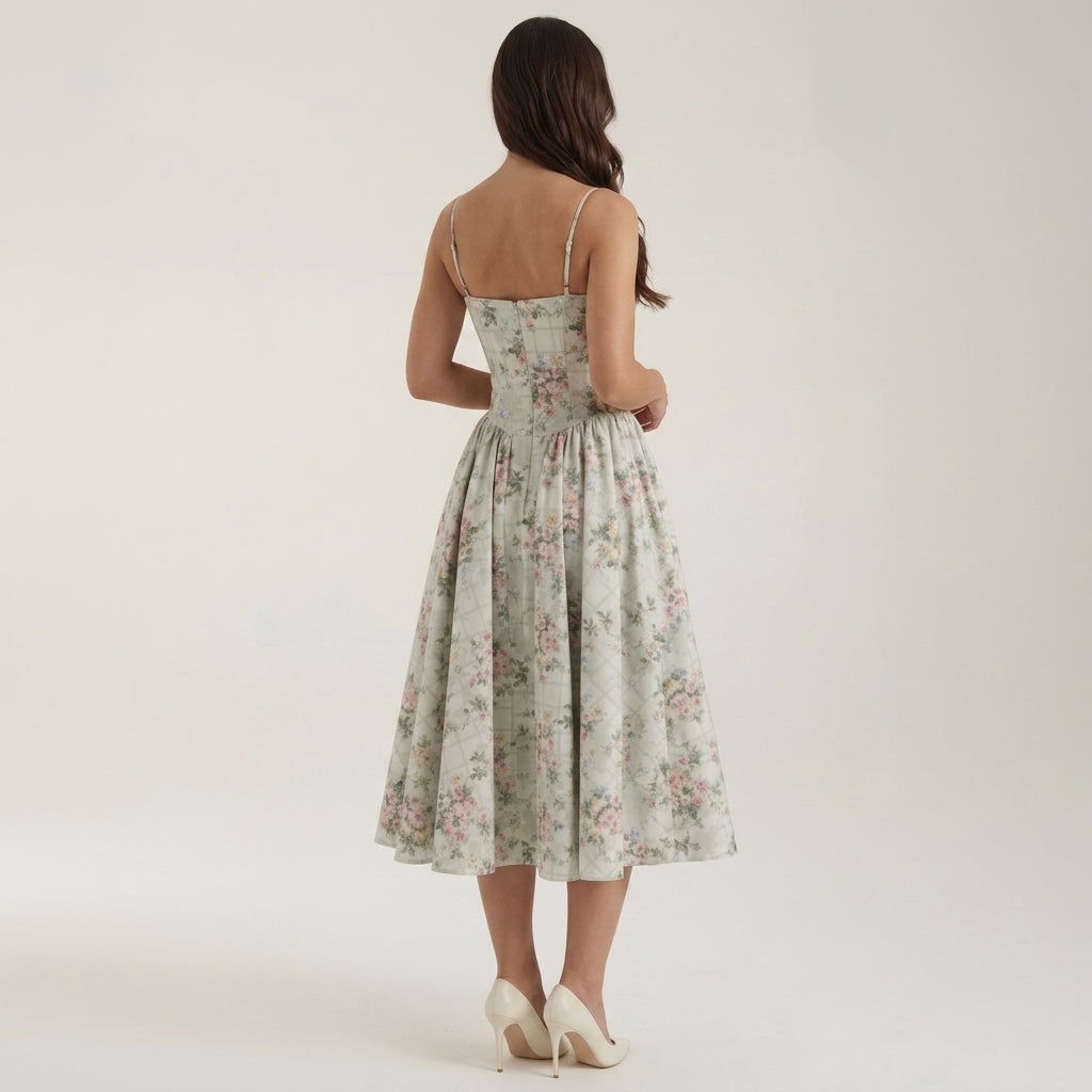 Women's Silk Blend Corset Midi Dress Floral Occasionwear – Elara
