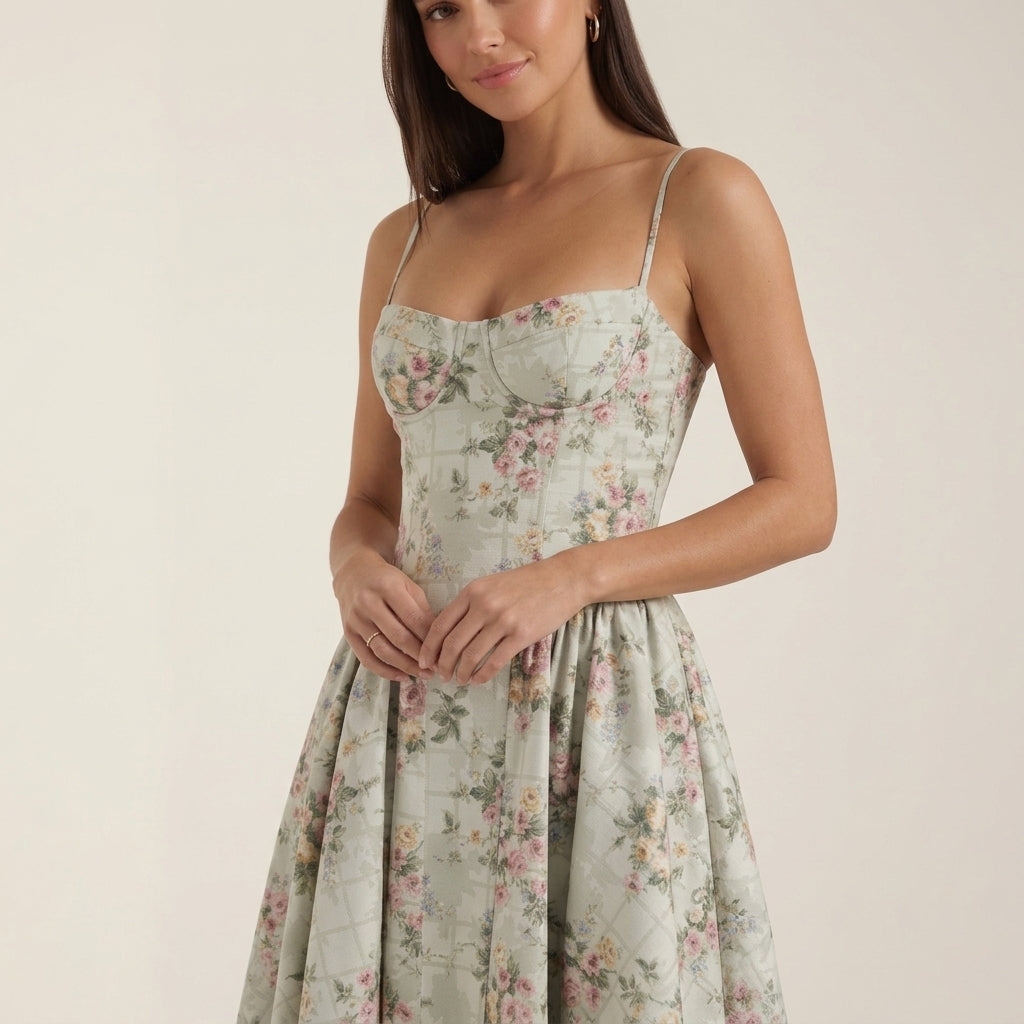 Women's Silk Blend Corset Midi Dress Floral Occasionwear – Elara
