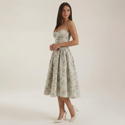 Women's Silk Blend Corset Midi Dress Floral Occasionwear – Elara