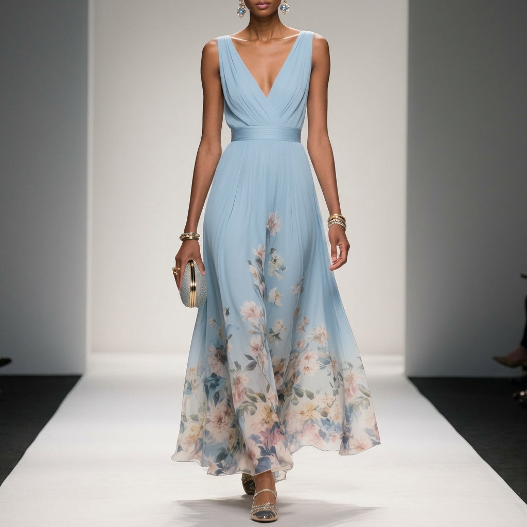 Women's Floral Maxi Dress Cotton Blend V-Neck Wide Straps – Elara