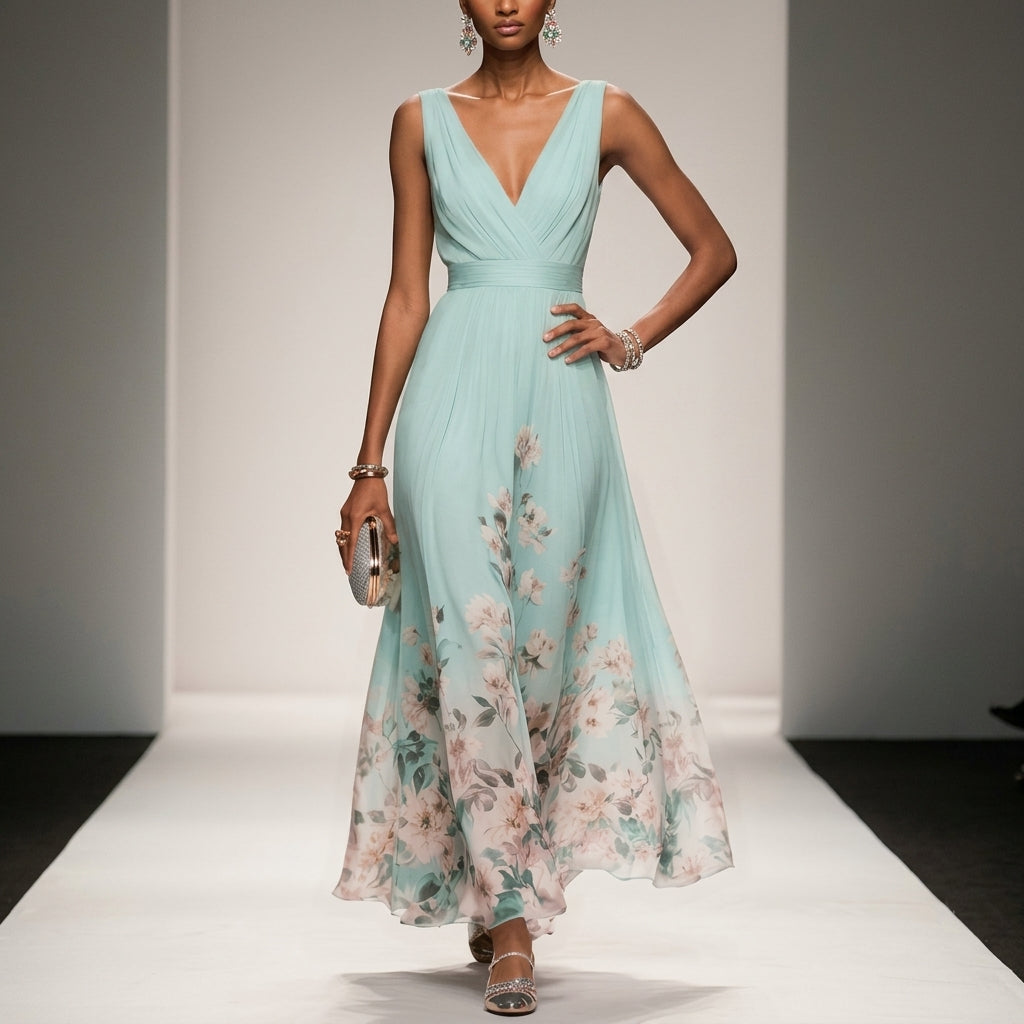 Women's Floral Maxi Dress Cotton Blend V-Neck Wide Straps – Elara