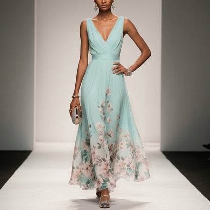 Women's Floral Maxi Dress Cotton Blend V-Neck Wide Straps – Elara