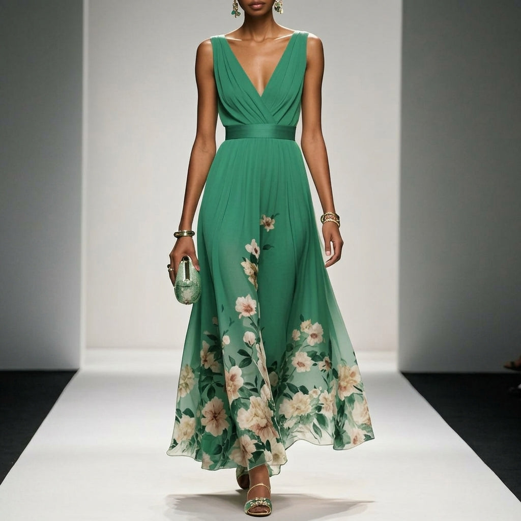 Women's Floral Maxi Dress Cotton Blend V-Neck Wide Straps – Elara