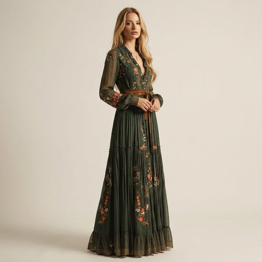 Women's Embroidered Maxi Dress Cotton Blend Button Front – Marisol