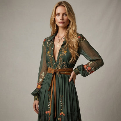 Women's Embroidered Maxi Dress Cotton Blend Button Front – Marisol