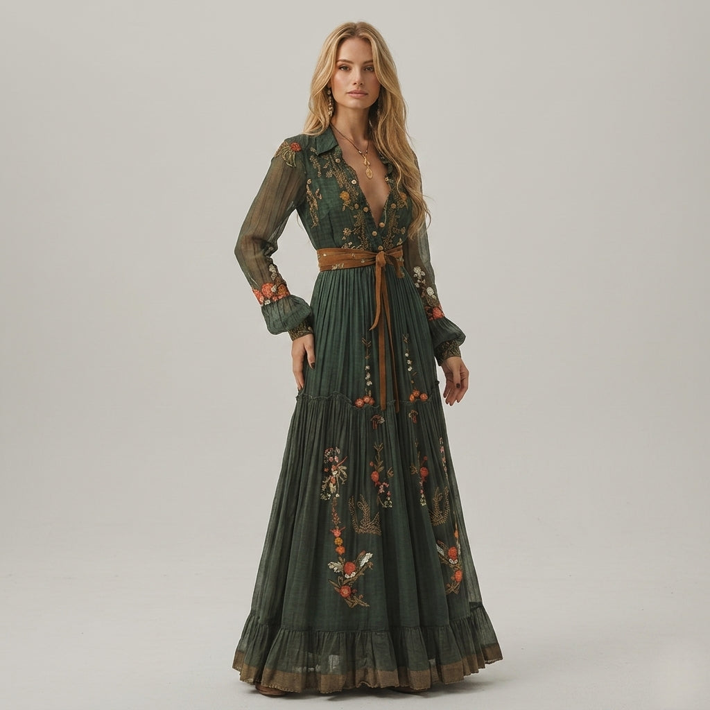Women's Embroidered Maxi Dress Cotton Blend Button Front – Marisol