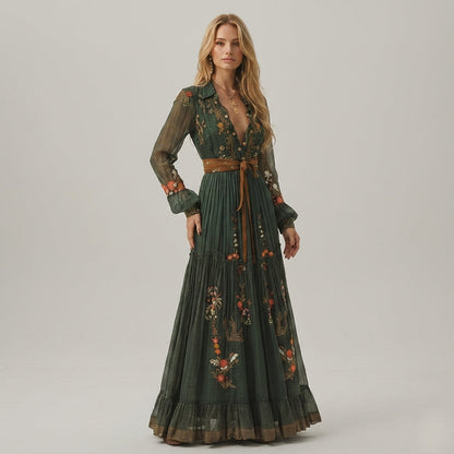 Women's Embroidered Maxi Dress Cotton Blend Button Front – Marisol