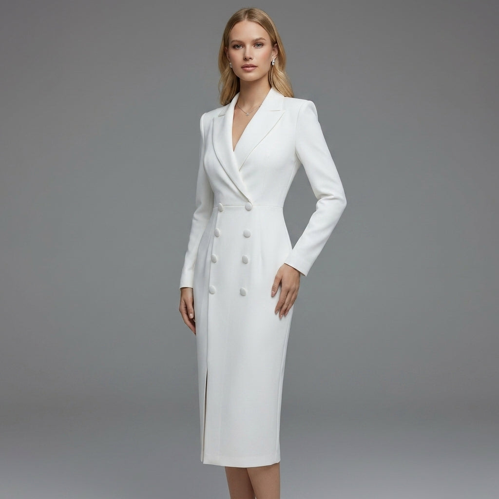 Women's Cotton Blend Fitted Midi Dress With Lapel – Elara