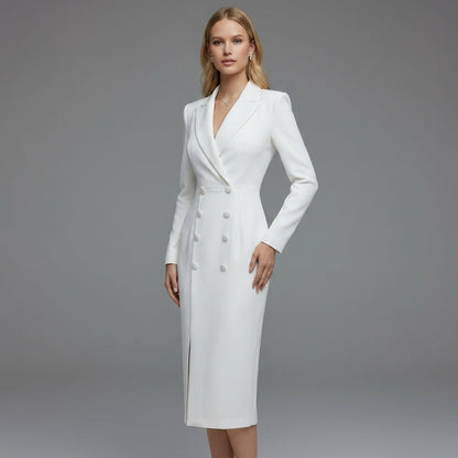 Women's Cotton Blend Fitted Midi Dress With Lapel – Elara