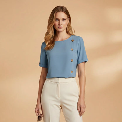Short Sleeve Cotton Blend Blouse Relaxed Fit Side Buttons – Elara