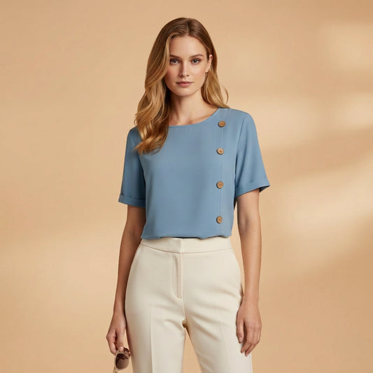 Short Sleeve Cotton Blend Blouse Relaxed Fit Side Buttons – Elara
