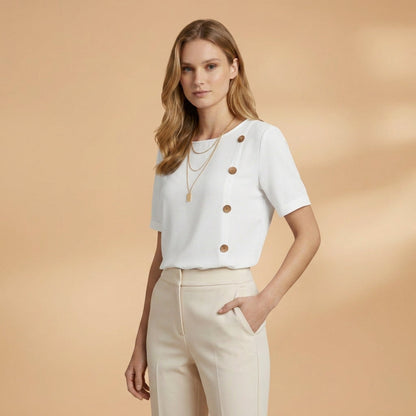 Short Sleeve Cotton Blend Blouse Relaxed Fit Side Buttons – Elara