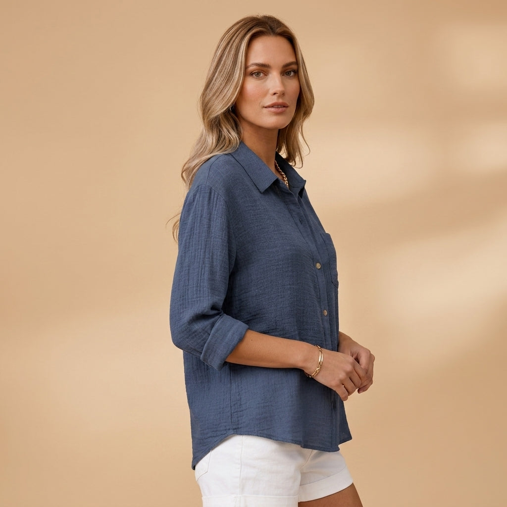 Women's Cotton Blend Short Sleeve Shirt With Button Placket – Elara