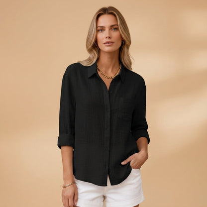 Women's Cotton Blend Short Sleeve Shirt With Button Placket – Elara