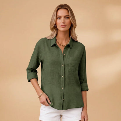 Women's Cotton Blend Short Sleeve Shirt With Button Placket – Elara