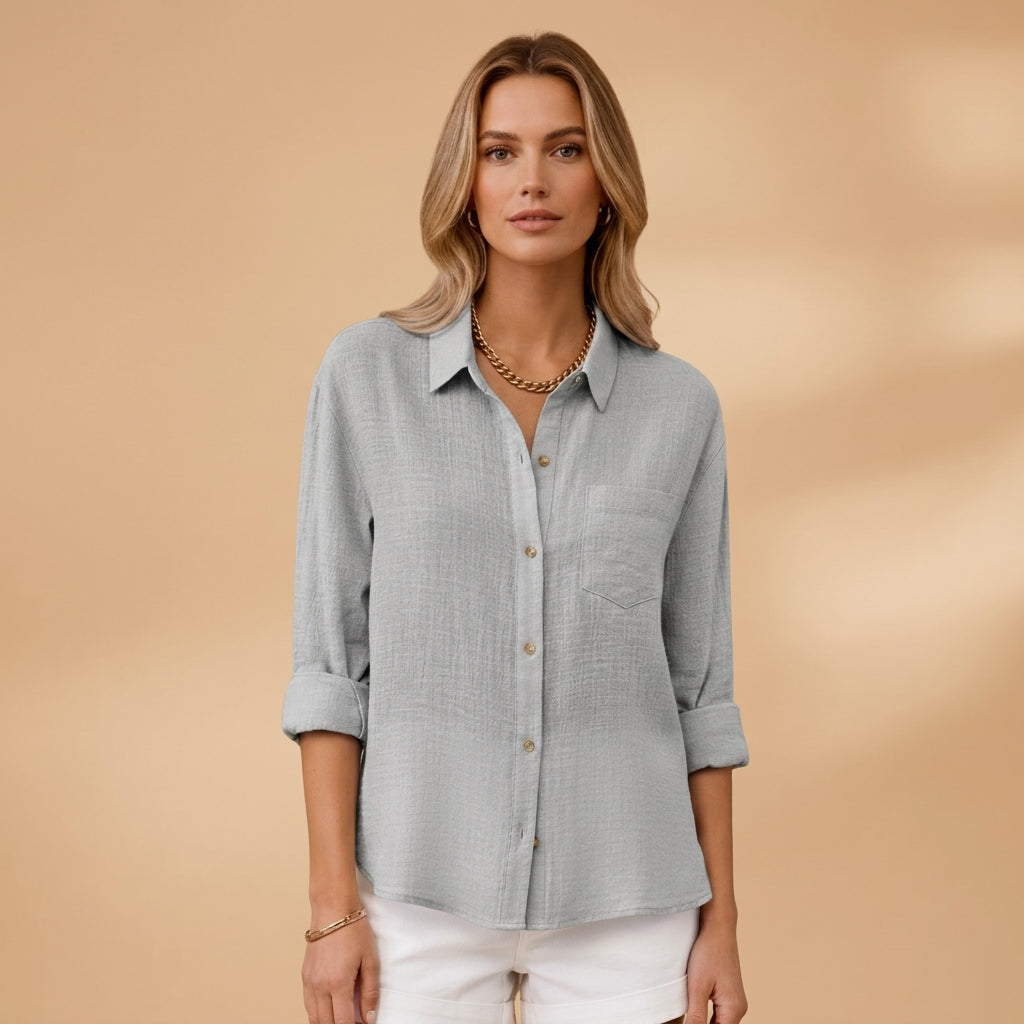 Women's Cotton Blend Short Sleeve Shirt With Button Placket – Elara