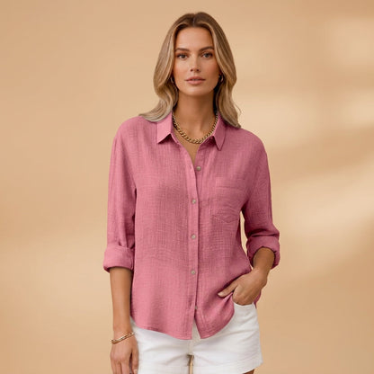 Women's Cotton Blend Short Sleeve Shirt With Button Placket – Elara