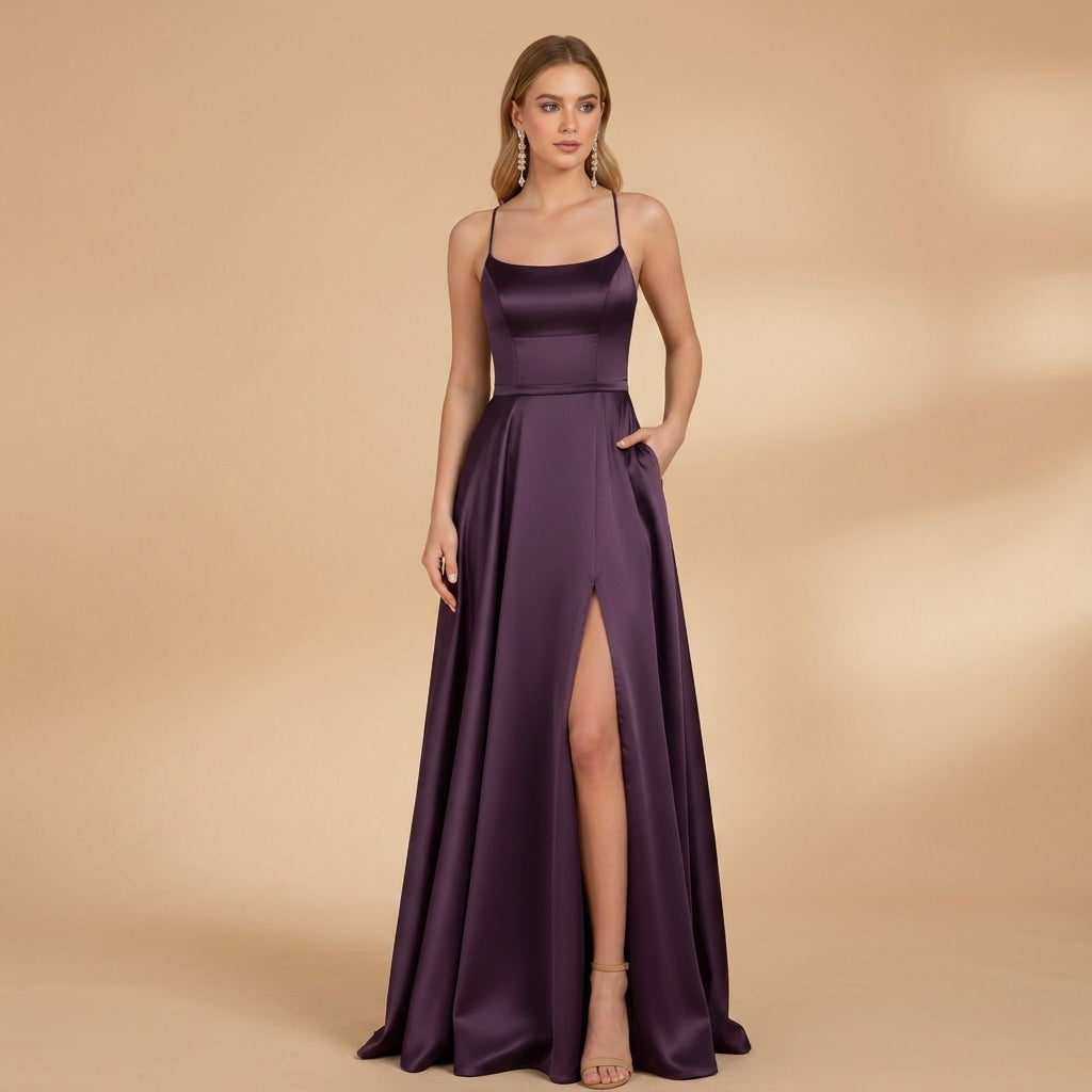 Women's Floor-Length Stretch-Jersey Evening Dress U-Neck High Slit – Serena