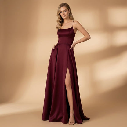 Women's Floor-Length Stretch-Jersey Evening Dress U-Neck High Slit – Serena