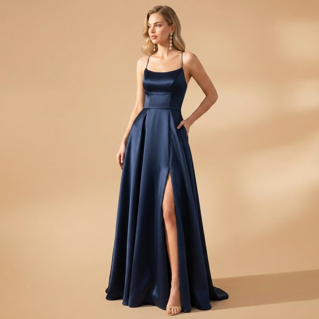 Women's Floor-Length Stretch-Jersey Evening Dress U-Neck High Slit – Serena