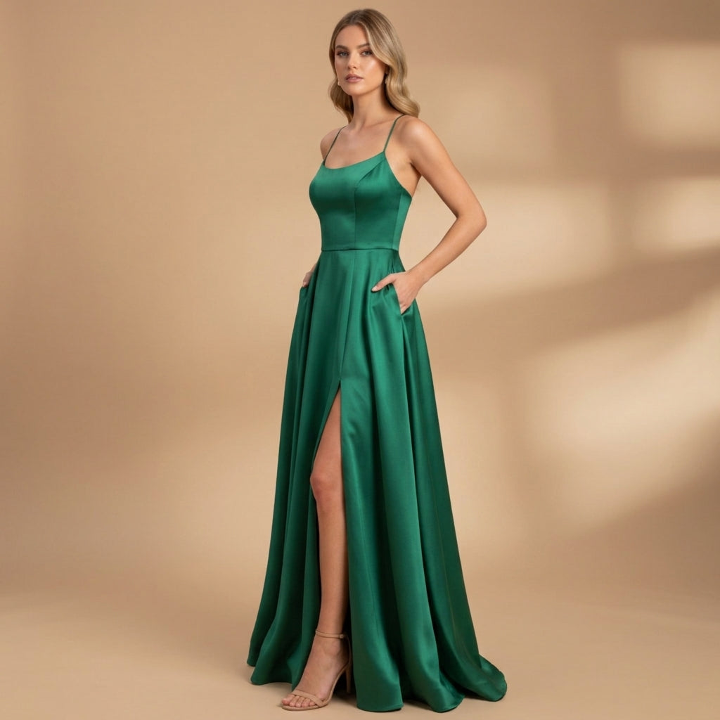 Women's Floor-Length Stretch-Jersey Evening Dress U-Neck High Slit – Serena
