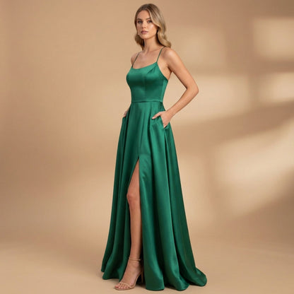 Women's Floor-Length Stretch-Jersey Evening Dress U-Neck High Slit – Serena