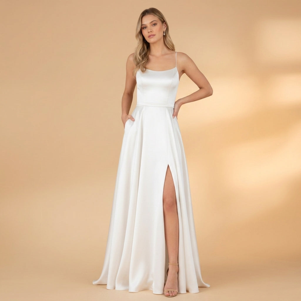 Women's Floor-Length Stretch-Jersey Evening Dress U-Neck High Slit – Serena