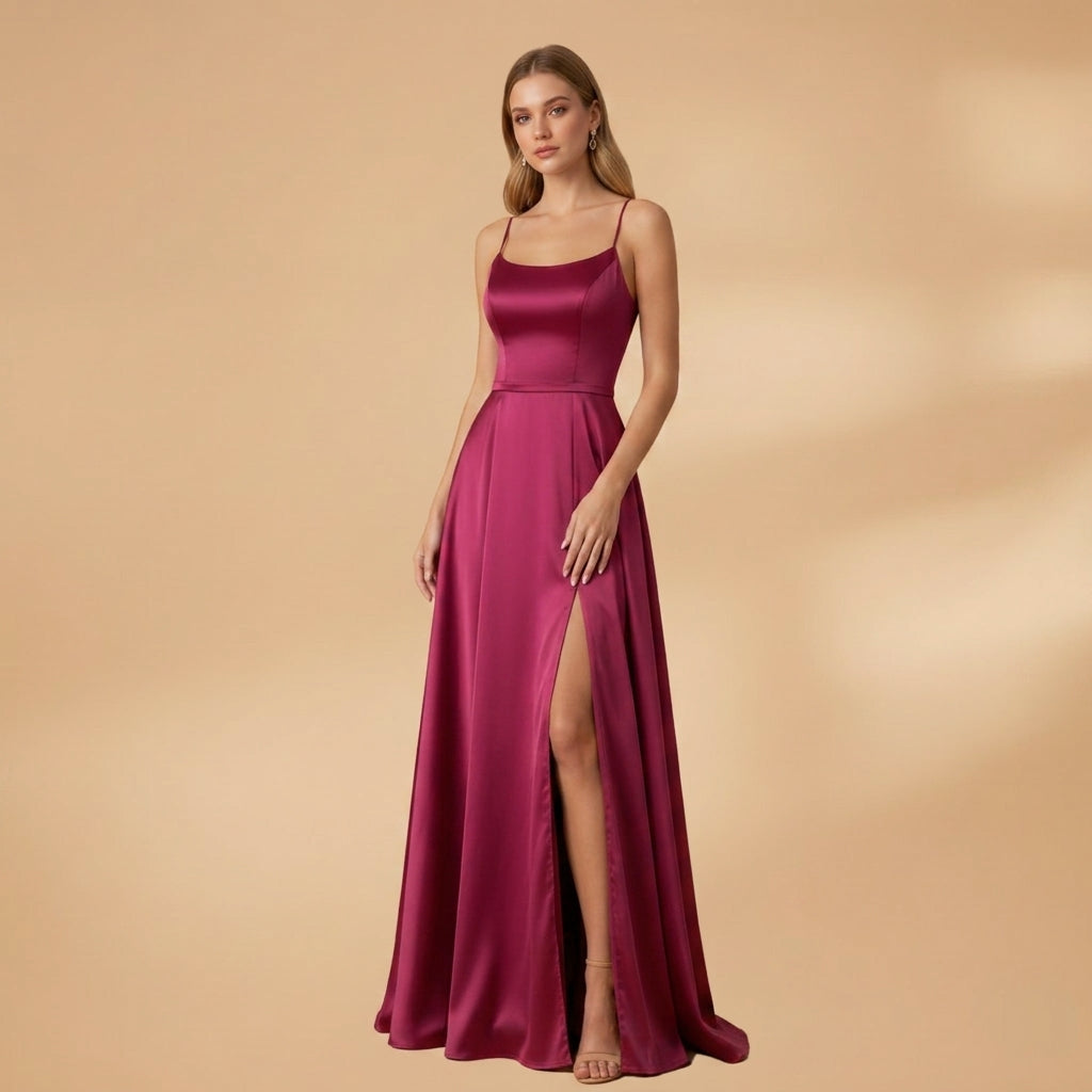 Women's Floor-Length Stretch-Jersey Evening Dress U-Neck High Slit – Serena