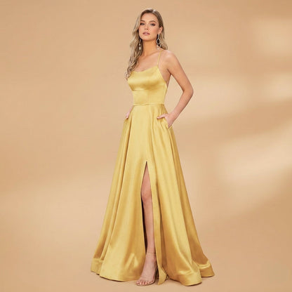 Women's Floor-Length Stretch-Jersey Evening Dress U-Neck High Slit – Serena