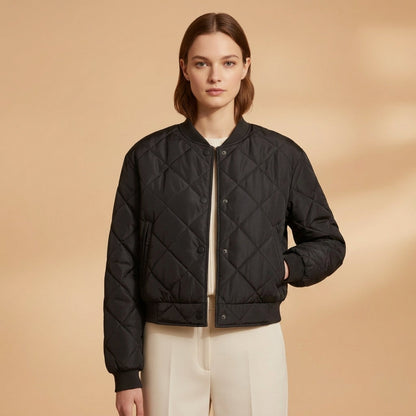 Women's Quilted Bomber Jacket Polyester Blend Ribbed Trim – Maren