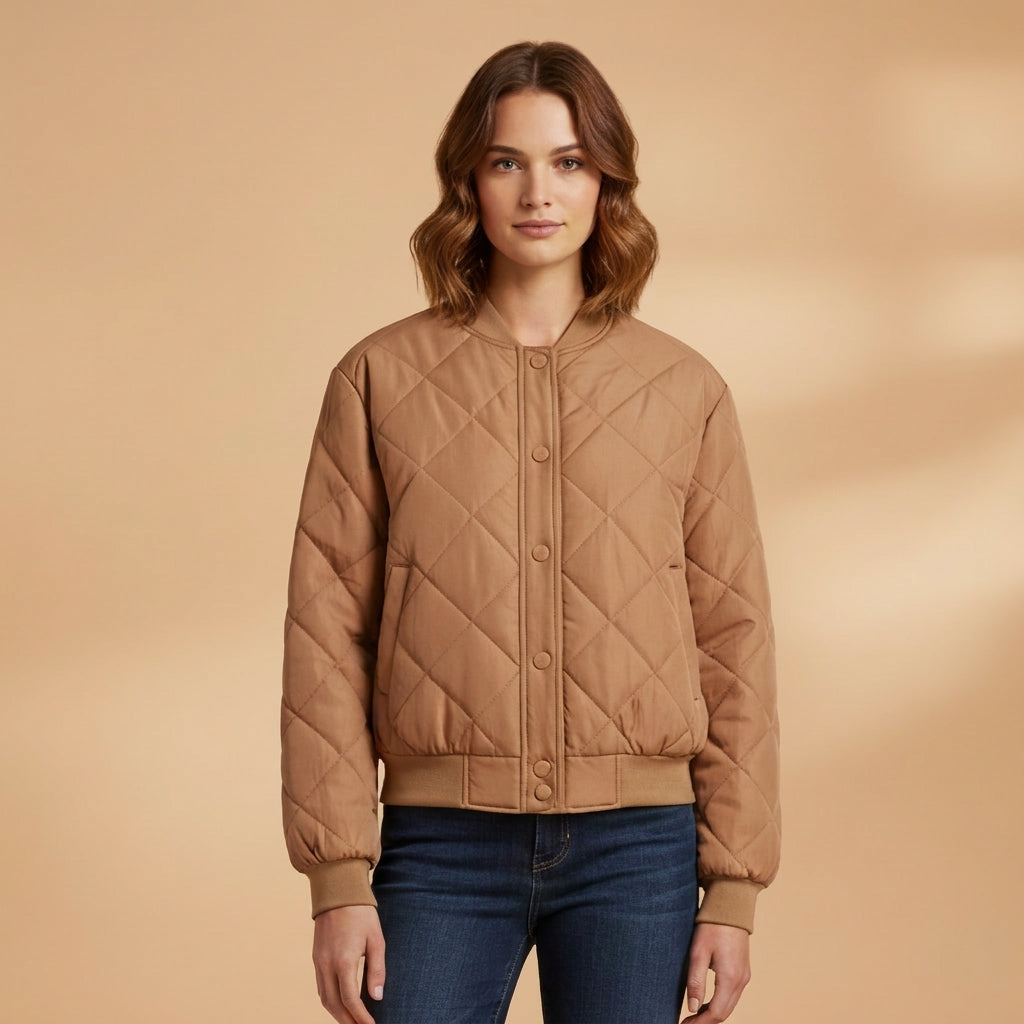 Women's Quilted Bomber Jacket Polyester Blend Ribbed Trim – Maren