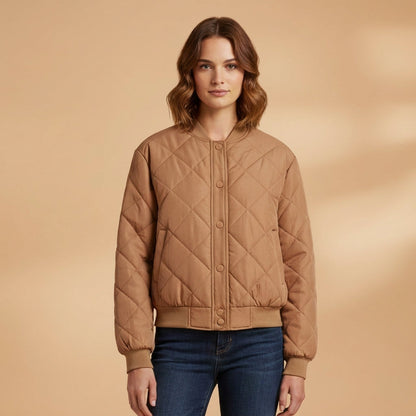 Women's Quilted Bomber Jacket Polyester Blend Ribbed Trim – Maren