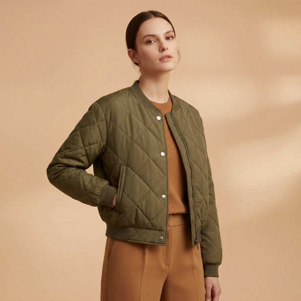 Women's Quilted Bomber Jacket Polyester Blend Ribbed Trim – Maren