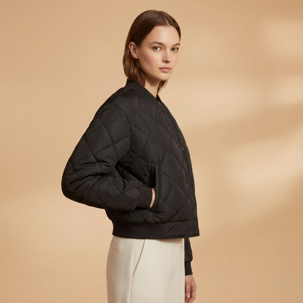 Women's Quilted Bomber Jacket Polyester Blend Ribbed Trim – Maren