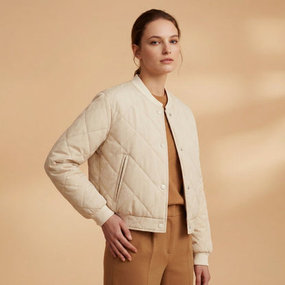 Women's Quilted Bomber Jacket Polyester Blend Ribbed Trim – Maren