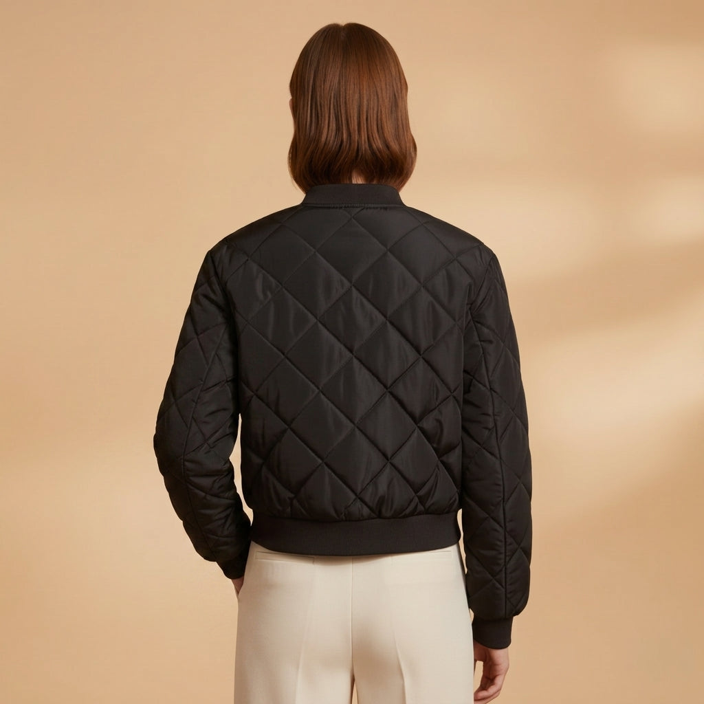 Women's Quilted Bomber Jacket Polyester Blend Ribbed Trim – Maren