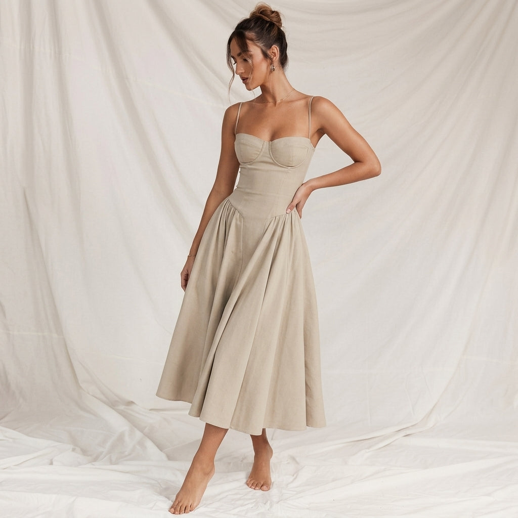 Women's Cotton Blend Corset Midi Dress Adjustable Straps – Valentina