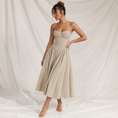 Women's Cotton Blend Corset Midi Dress Adjustable Straps – Valentina