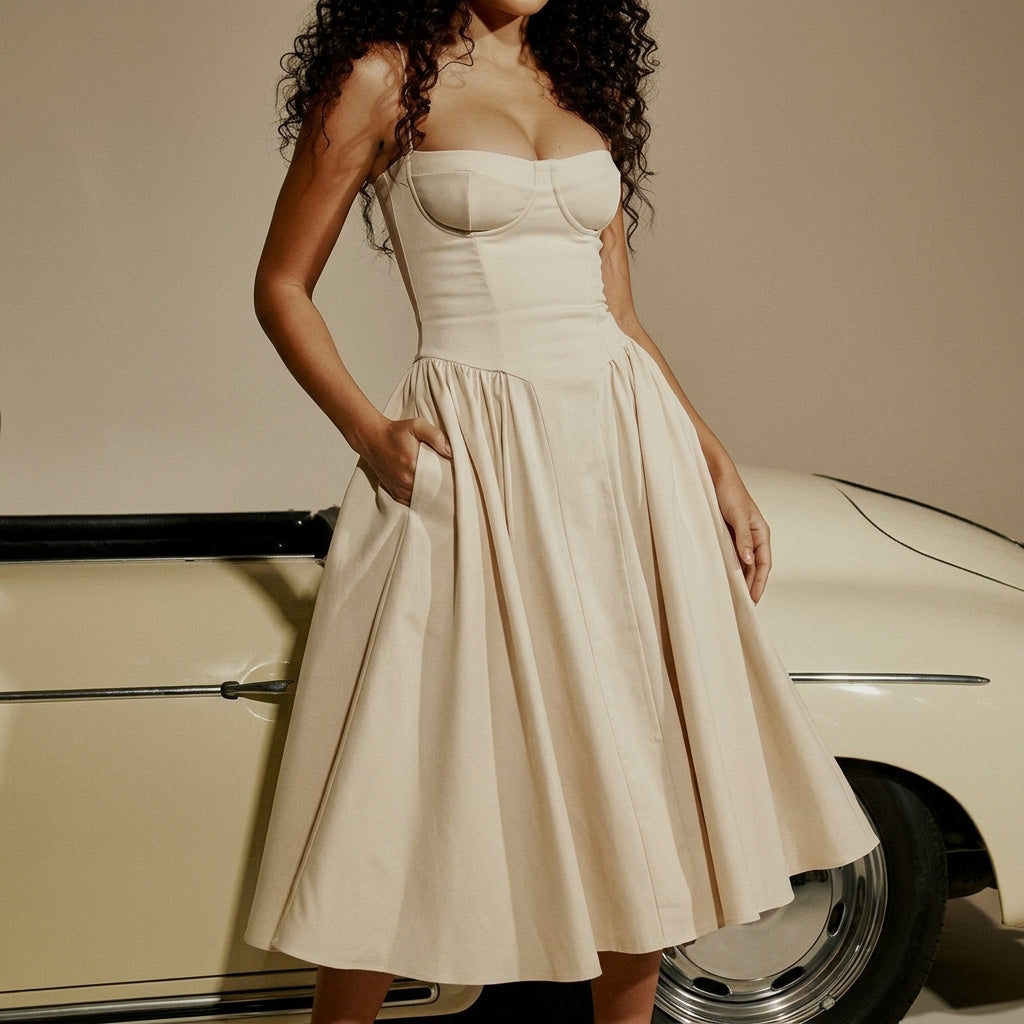 Women's Cotton Blend Corset Midi Dress Adjustable Straps – Valentina