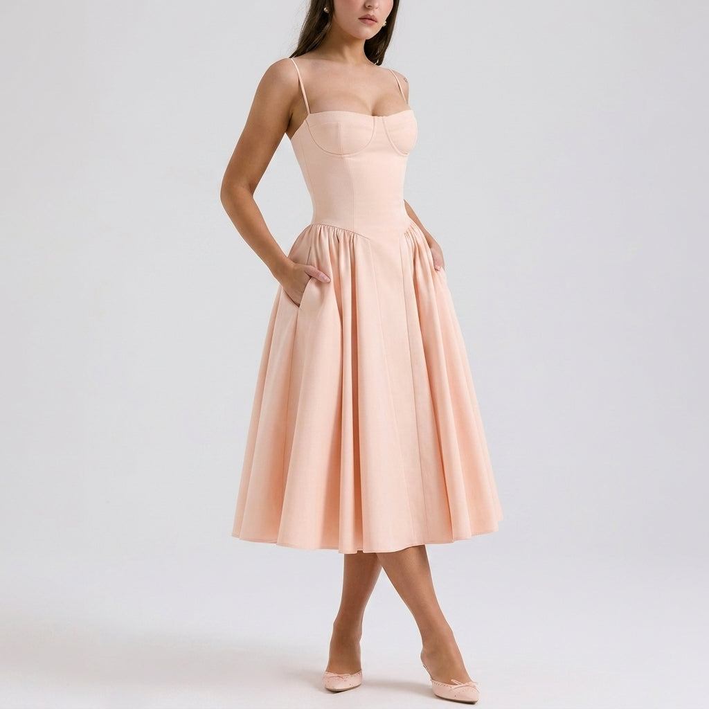 Women's Cotton Blend Corset Midi Dress Adjustable Straps – Valentina
