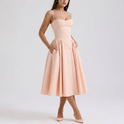 Women's Cotton Blend Corset Midi Dress Adjustable Straps – Valentina