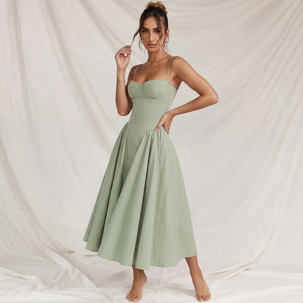 Women's Cotton Blend Corset Midi Dress Adjustable Straps – Valentina