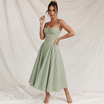 Women's Cotton Blend Corset Midi Dress Adjustable Straps – Valentina
