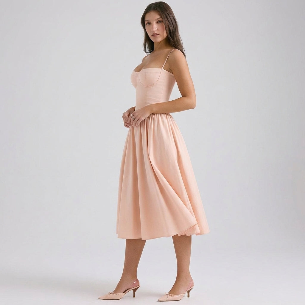 Women's Cotton Blend Corset Midi Dress Adjustable Straps – Valentina