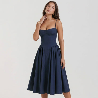 Women's Cotton Blend Corset Midi Dress Adjustable Straps – Valentina