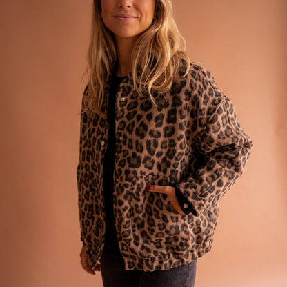 Leopard Print Cotton Blend Bomber Jacket Snap Front – Sienna