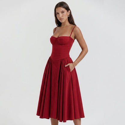 Women's Cotton Blend Corset Midi Dress Adjustable Straps – Valentina
